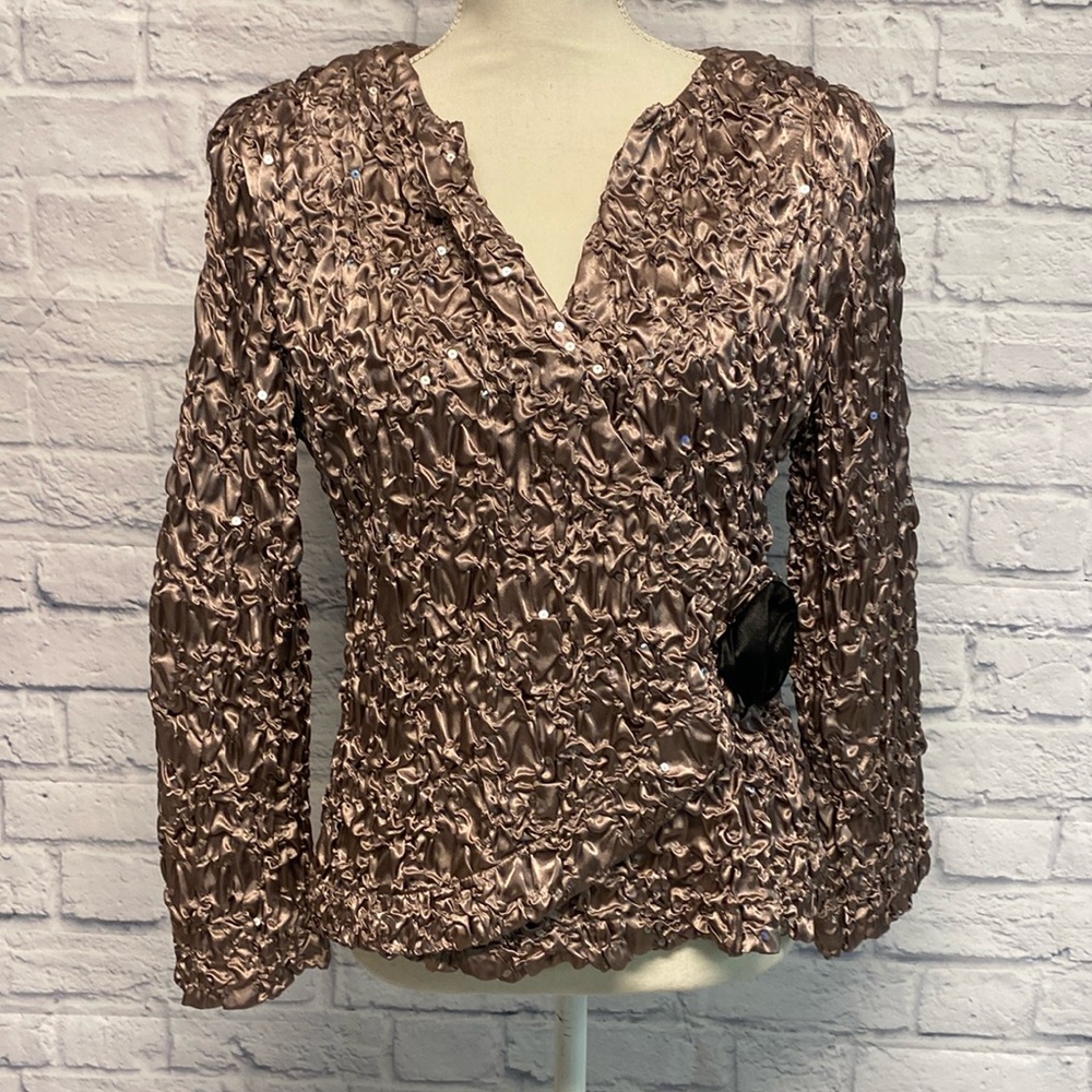 Cachet Puckered Satin with Sequin and Rosette Wrap Blouse Size Large